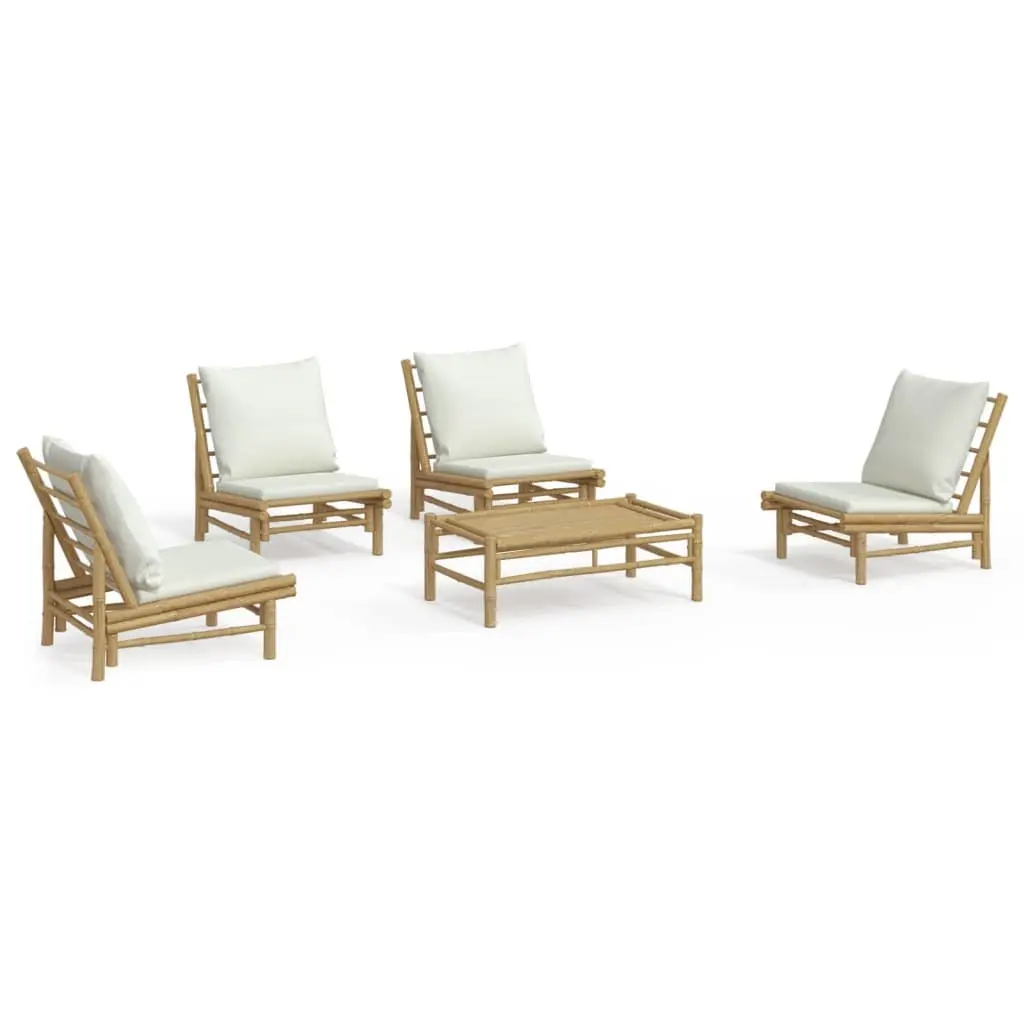 5 Piece Bamboo Outdoor Garden Lounge Set Brown with Cream White Cushions