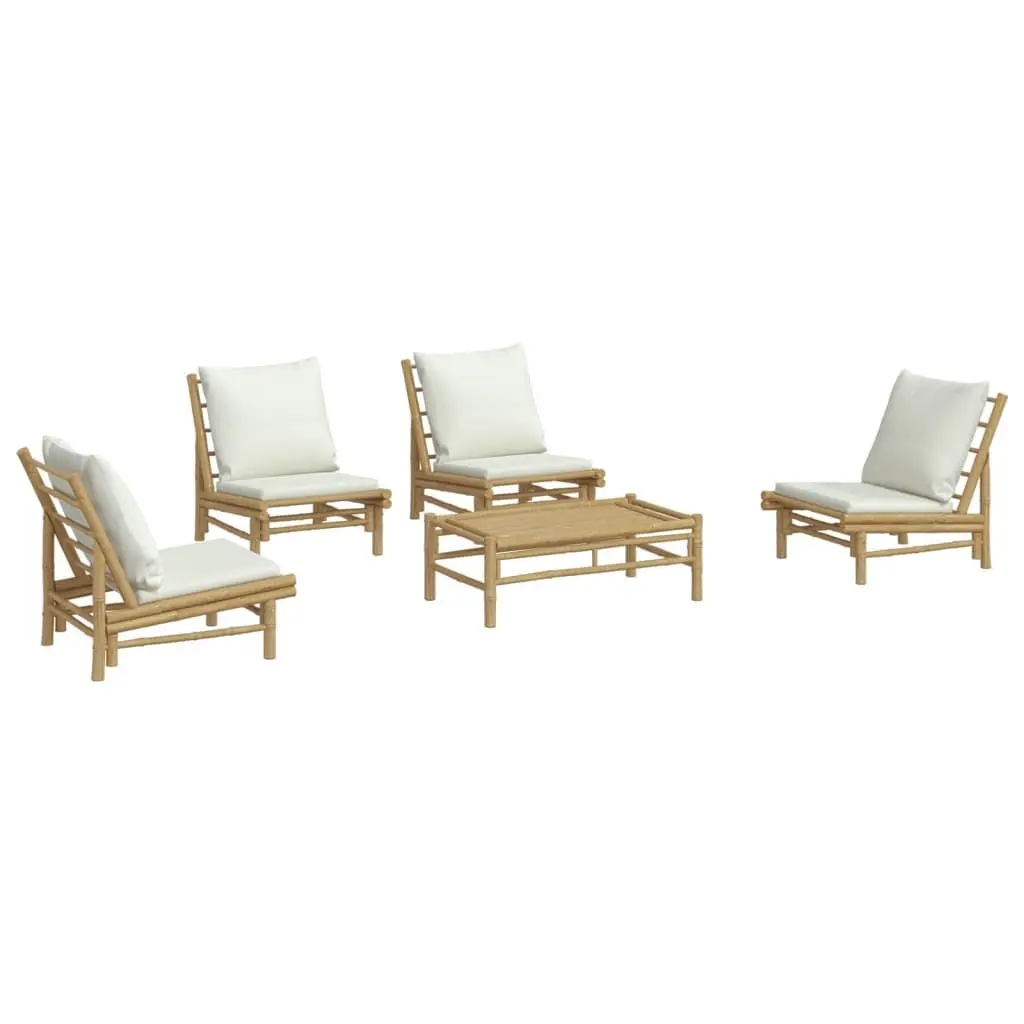 5 Piece Bamboo Outdoor Garden Lounge Set Brown with Cream White Cushions
