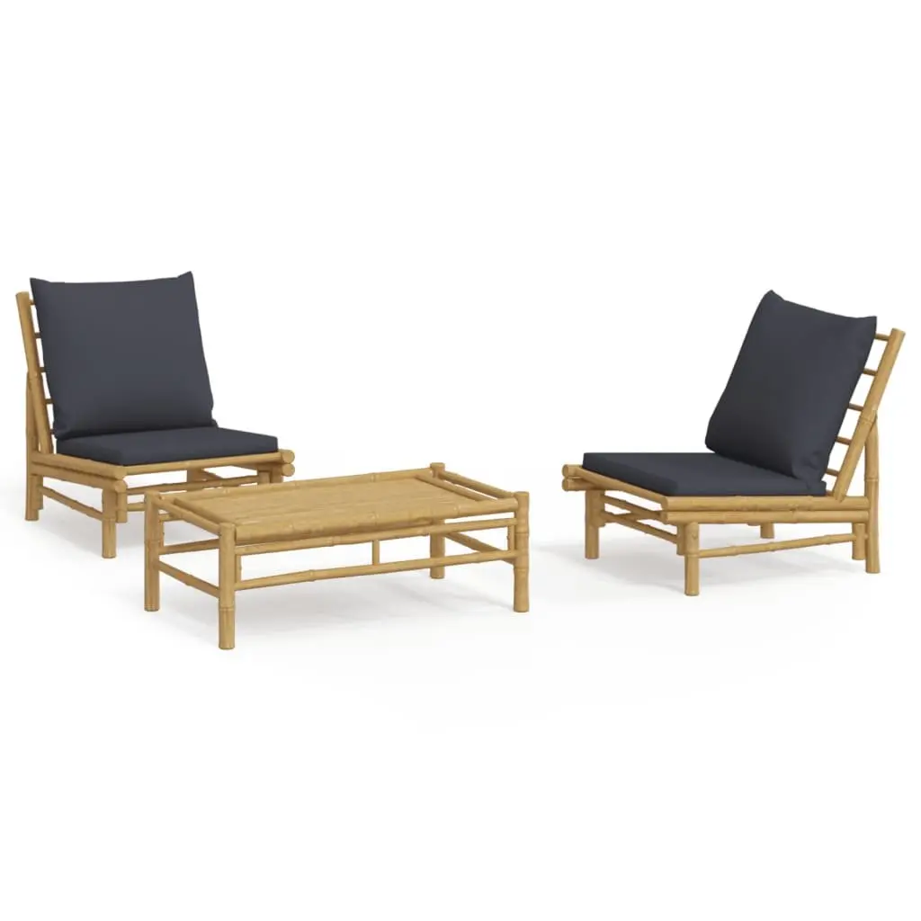 3 Piece Garden Lounge Set Bamboo Outdoor Furniture Brown with Dark Grey Cushions