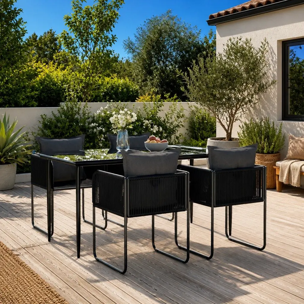 5 Piece Outdoor Garden Dining Set PE Rattan Steel Frame Tempered Glass Black