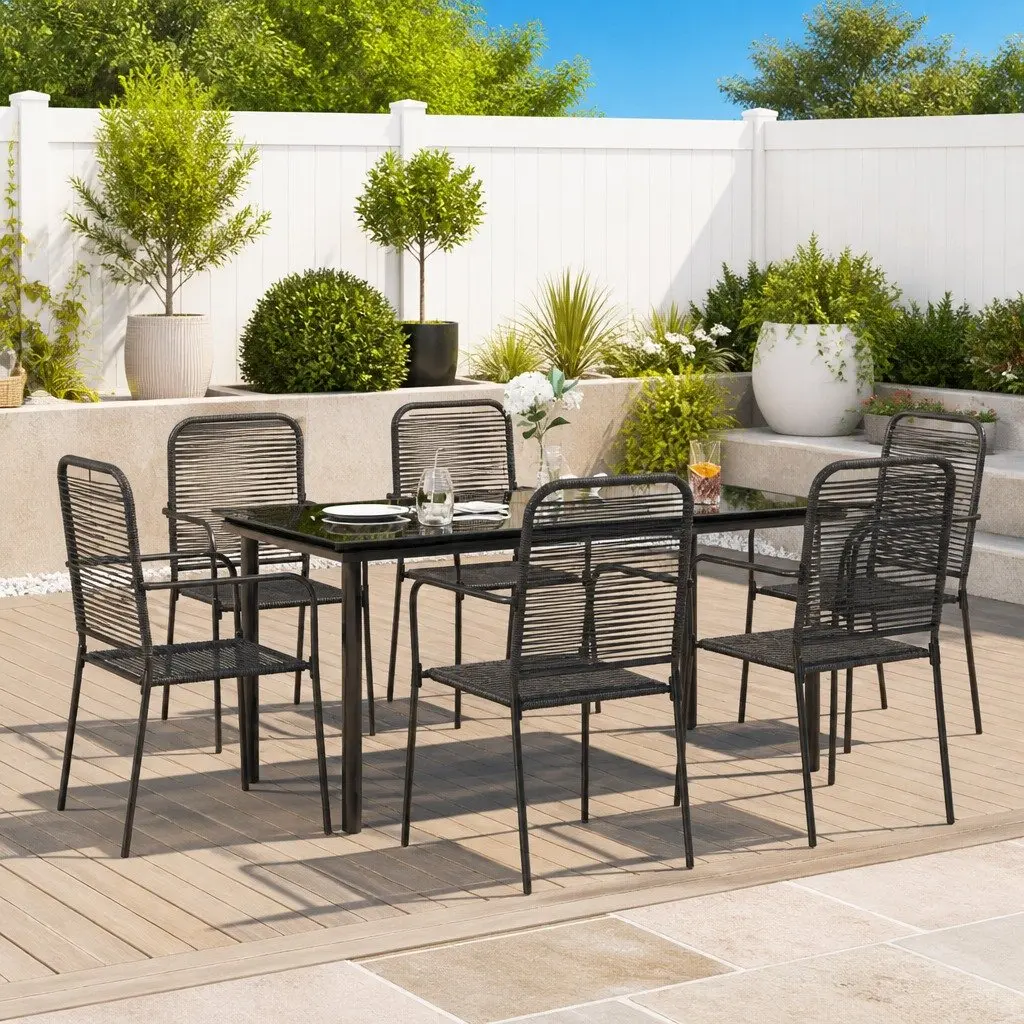 Outdoor Dining Set 7 Piece Steel Frame Black Cotton Rope Seating Tempered Glass Table