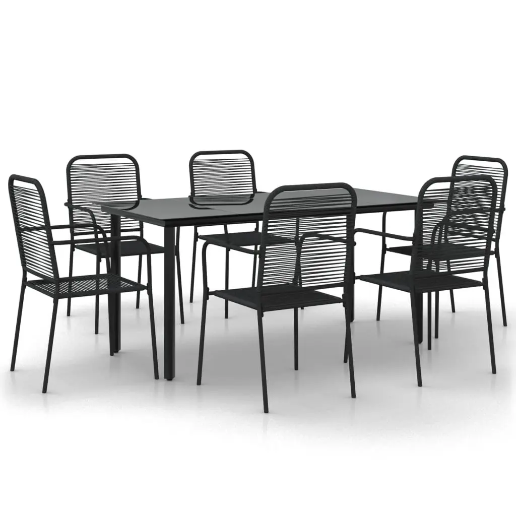 Outdoor Dining Set 7 Piece Steel Frame Black Cotton Rope Seating Tempered Glass Table