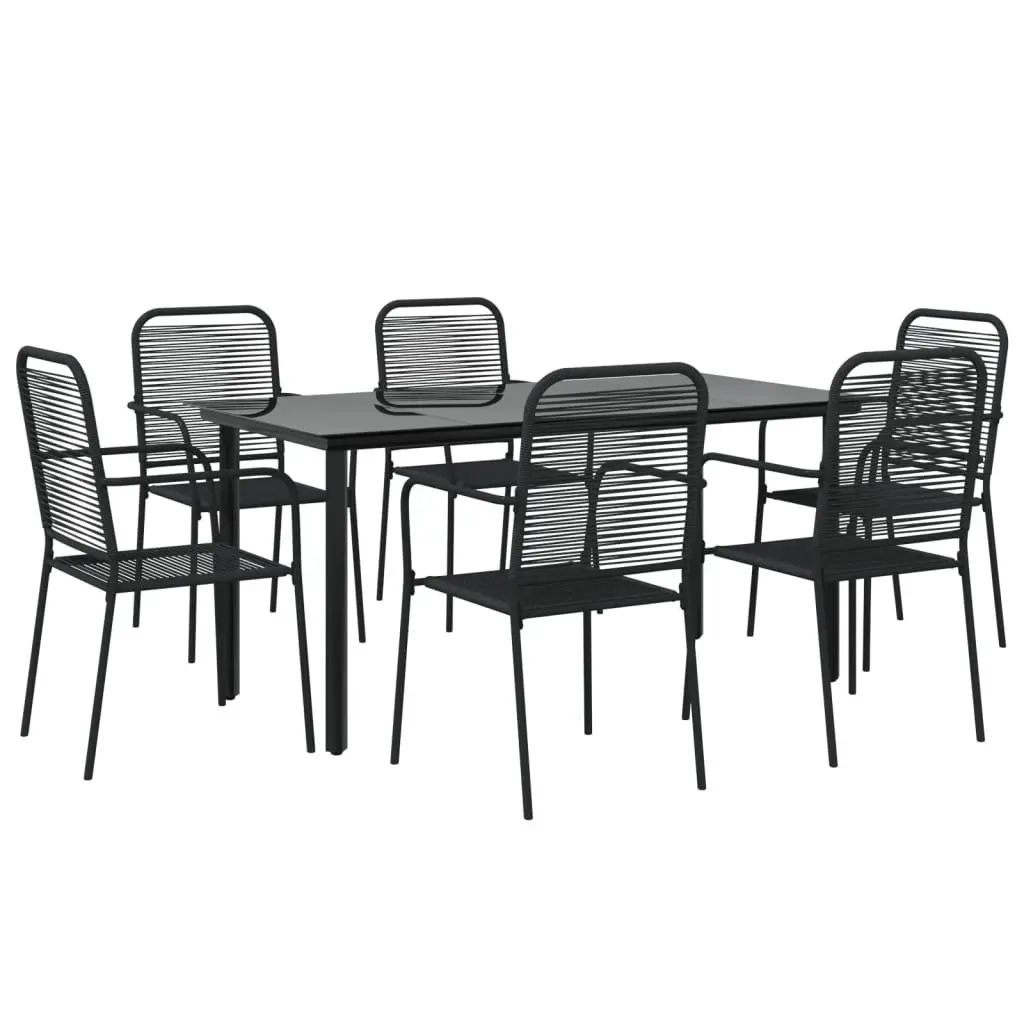 Outdoor Dining Set 7 Piece Steel Frame Black Cotton Rope Seating Tempered Glass Table
