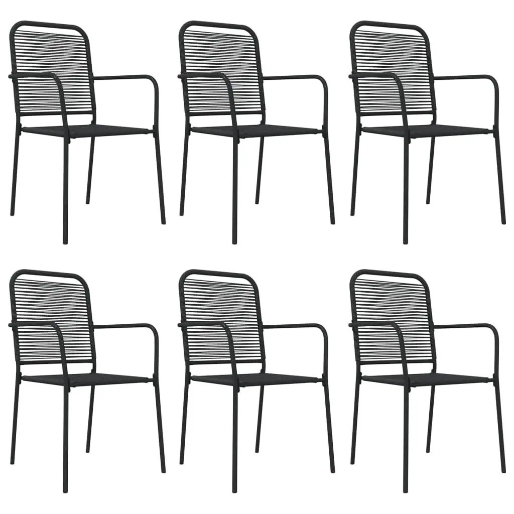 Outdoor Dining Set 7 Piece Steel Frame Black Cotton Rope Seating Tempered Glass Table