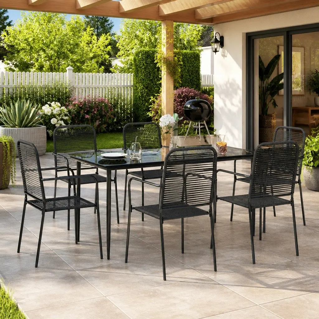 7 Piece Garden Dining Set Steel Black Cotton Rope Outdoor Patio Furniture