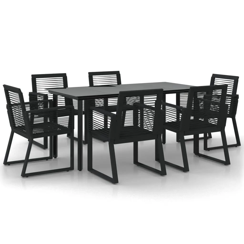 Outdoor Dining Set 7 Piece Black PVC Rattan Chairs Steel Frame Tempered Glass Table
