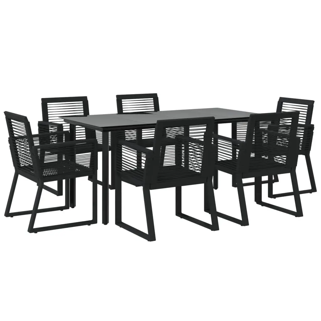 Outdoor Dining Set 7 Piece Black PVC Rattan Chairs Steel Frame Tempered Glass Table