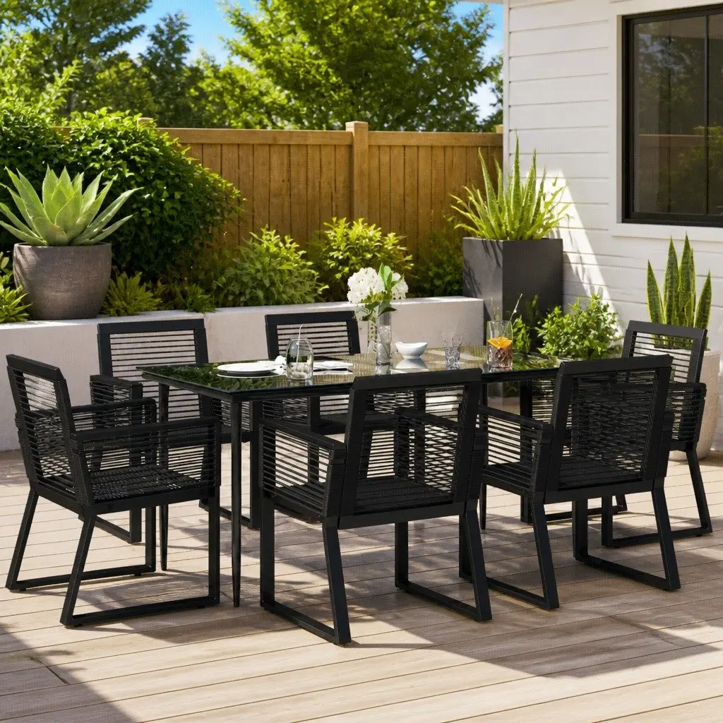 7 Piece Garden Dining Set Black PVC Rattan Weave Outdoor Table Chairs