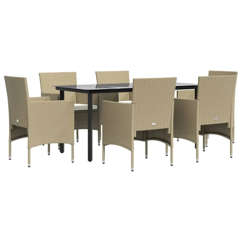 7 Piece Outdoor Dining Set PE Rattan Powder-coated Steel Tempered Glass Table Beige and Black