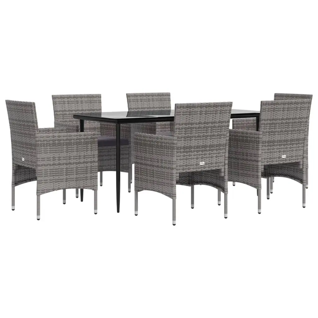 7 Piece Grey Black Garden Dining Set Patio Cushioned Chairs Tempered Glass Table Weather Resistant PE Rattan Steel Frame