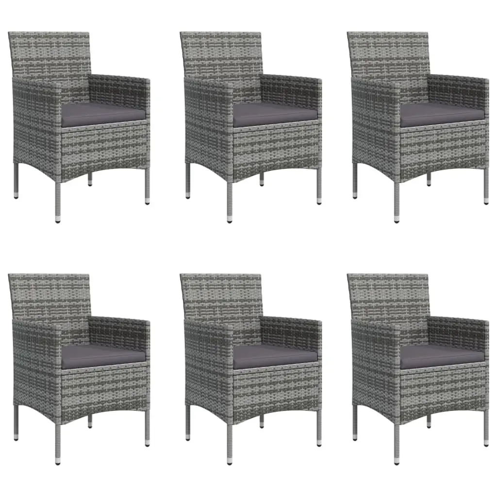 7 Piece Grey Black Garden Dining Set Patio Cushioned Chairs Tempered Glass Table Weather Resistant PE Rattan Steel Frame