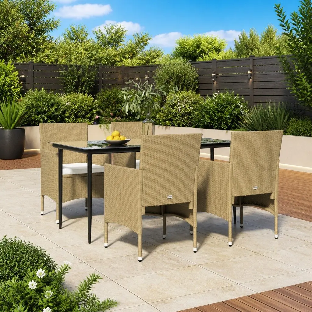 5 Piece Garden Dining Set PE Rattan Chairs Table Cushions Beige Black