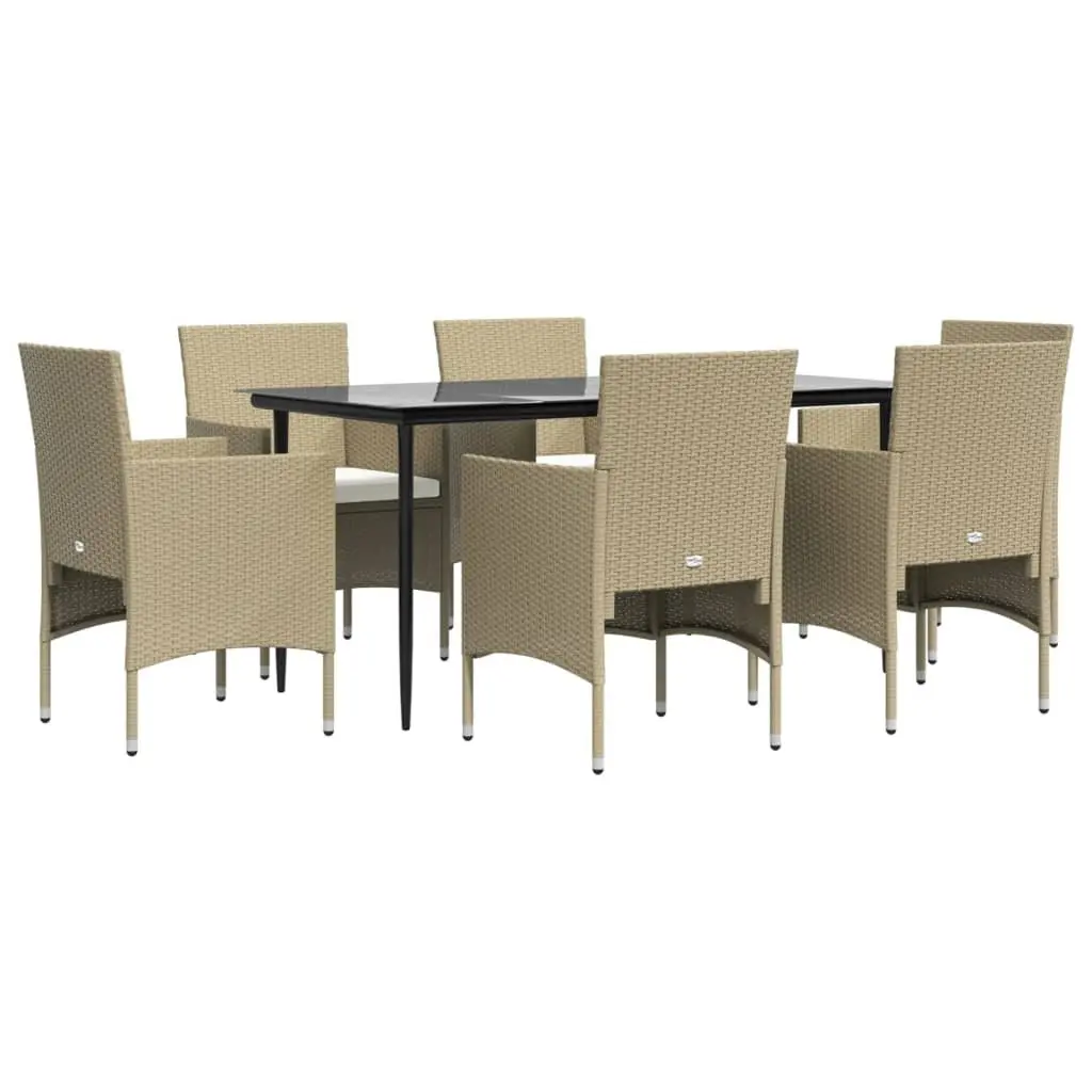 7 Piece Outdoor Dining Set PE Rattan Steel Frame Tempered Glass Table Beige