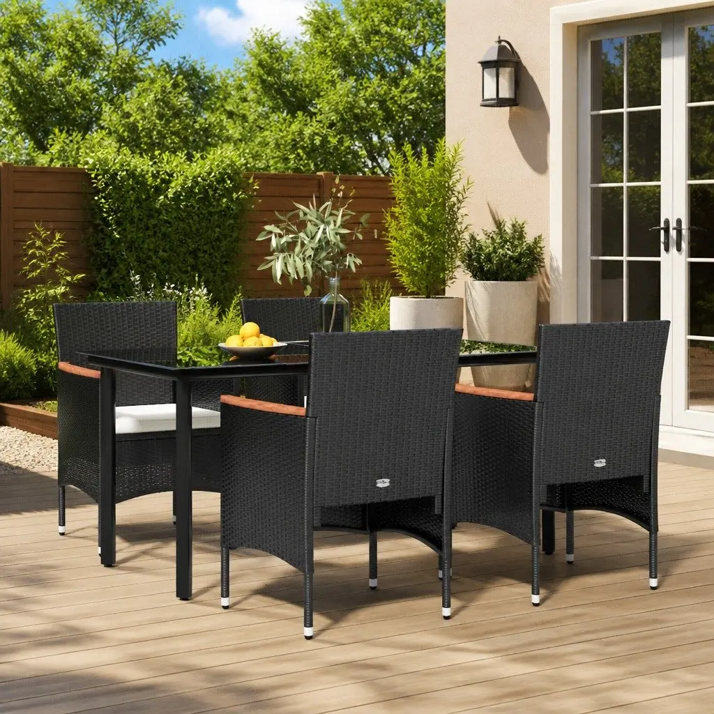 Outdoor Garden Dining Set PE Rattan Powder-coated Steel 5 Piece Black