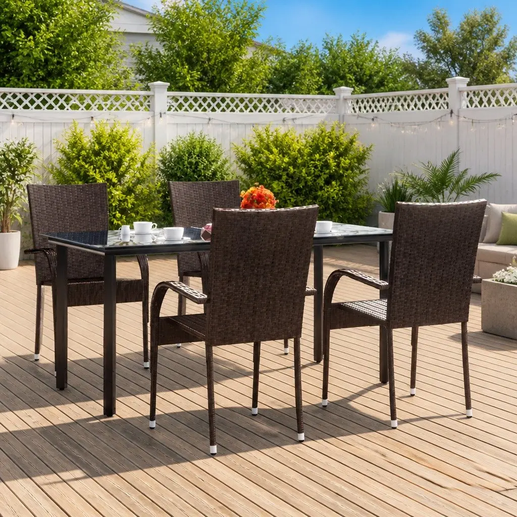Outdoor Dining Set Poly Rattan 5 Piece Garden Furniture Brown Steel Table Chairs