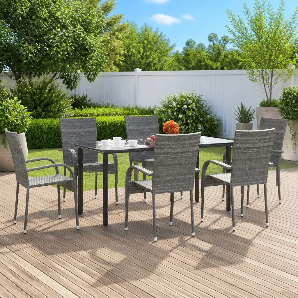 Outdoor Garden Dining Set 7 Piece Grey Poly Rattan Patio Furniture Chairs Table