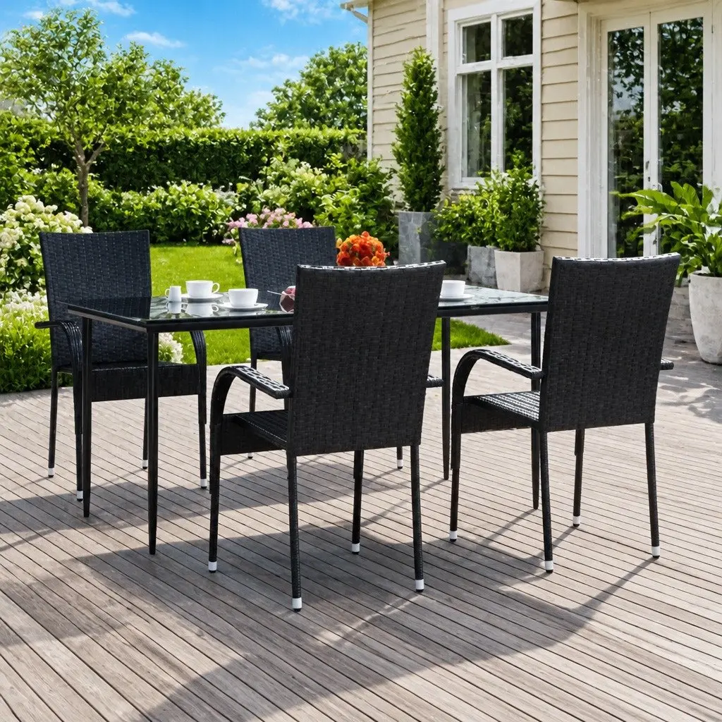 5 Piece Outdoor Dining Set Black PE Rattan Table Chairs Weather Resistant
