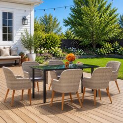 Garden Dining Set 7 Piece Outdoor Furniture Brown Patio Table Chairs Cushions