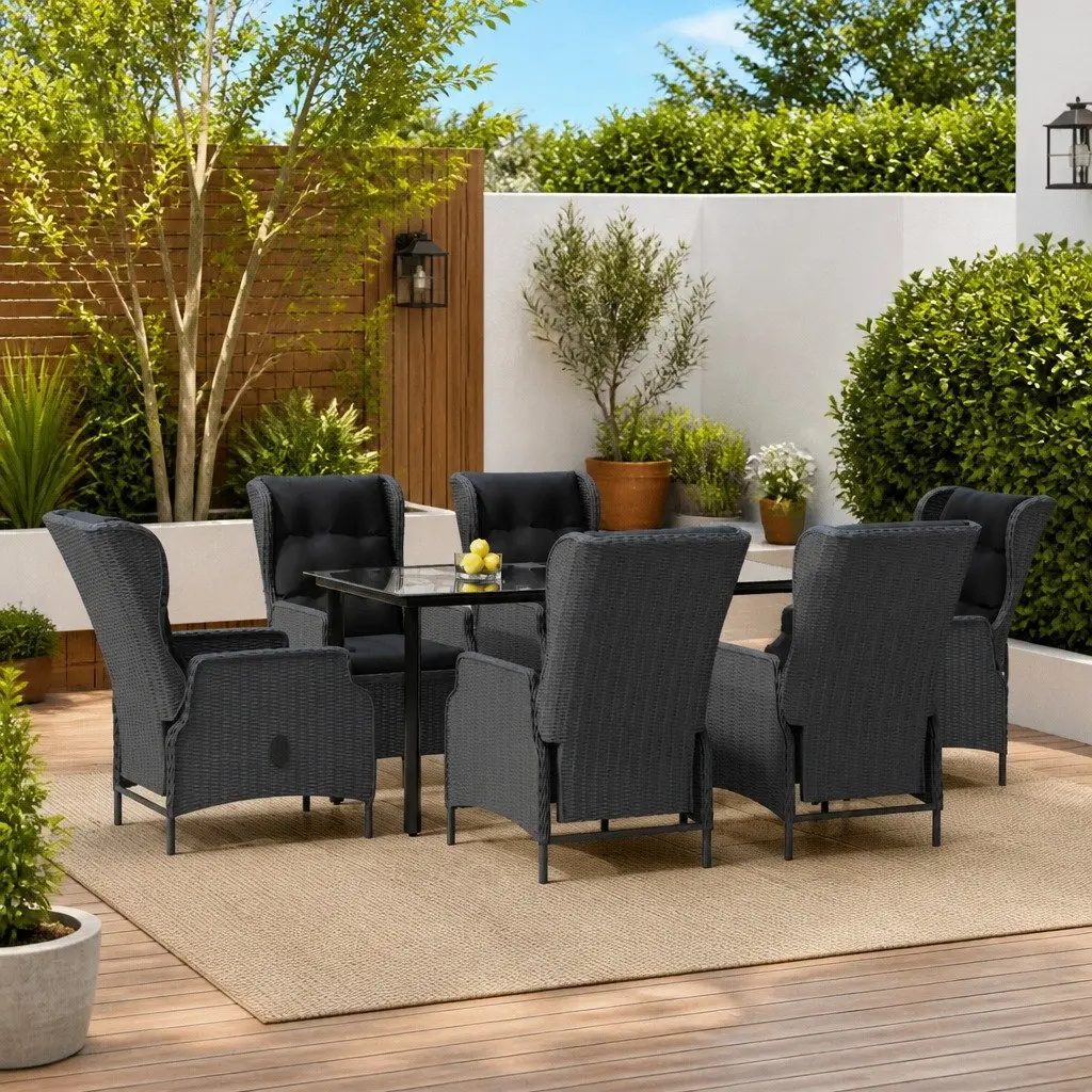 7 Piece Garden Dining Set Grey PE Rattan Powder-coated Steel Table with Tempered Glass Top and Chairs
