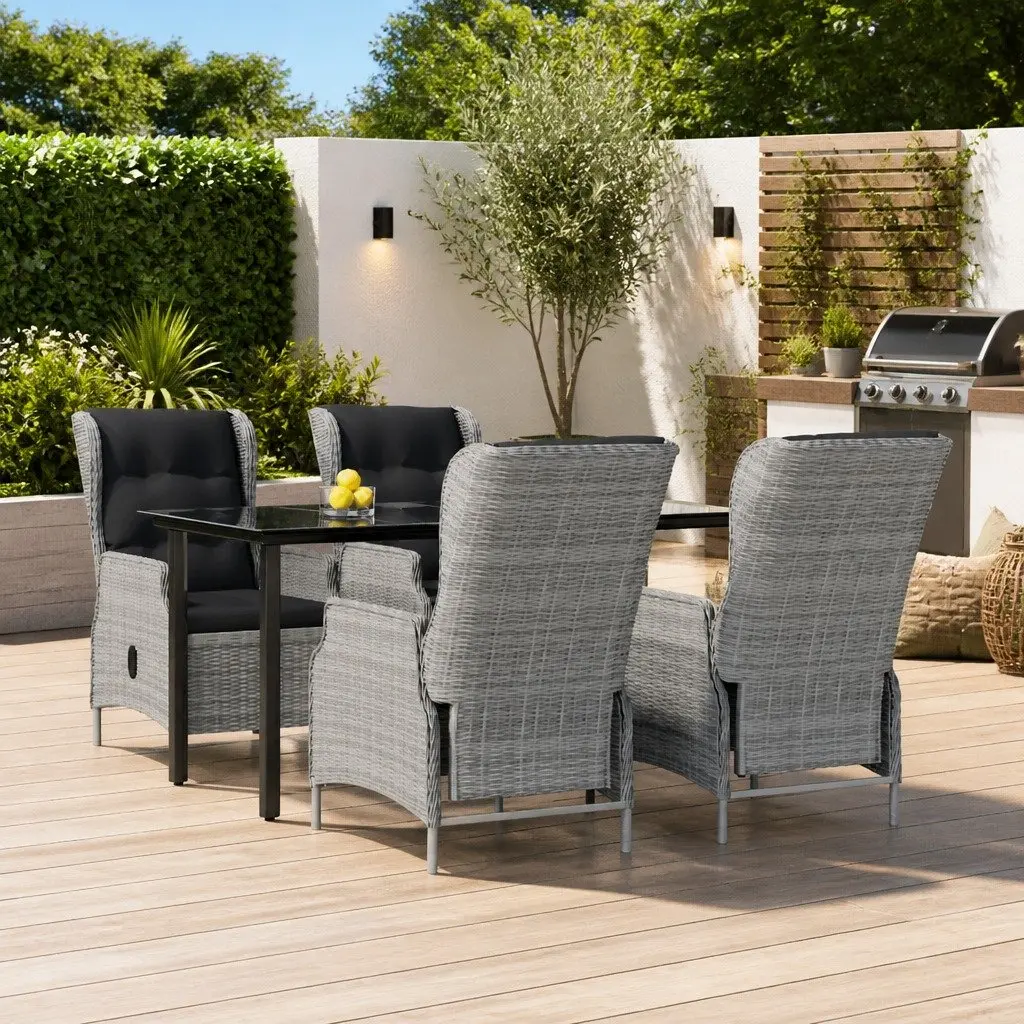 Garden Dining Set Grey PE Rattan 5 Piece Outdoor Furniture with Powder Coated Steel Frames and Tempered Glass Tabletop