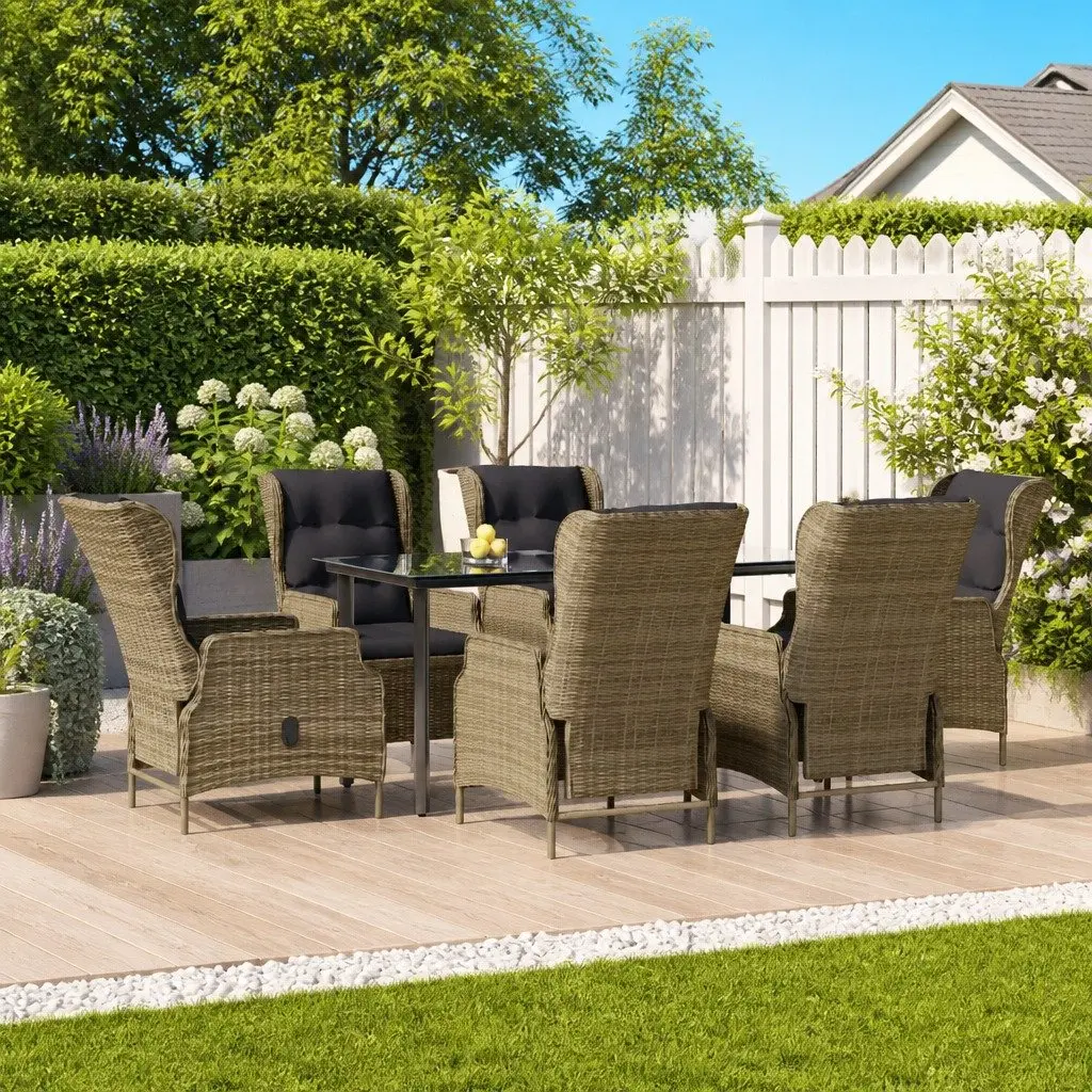 Outdoor Patio Dining Set 7 Piece Brown PE Rattan and Steel Table with Adjustable Backrest Chairs