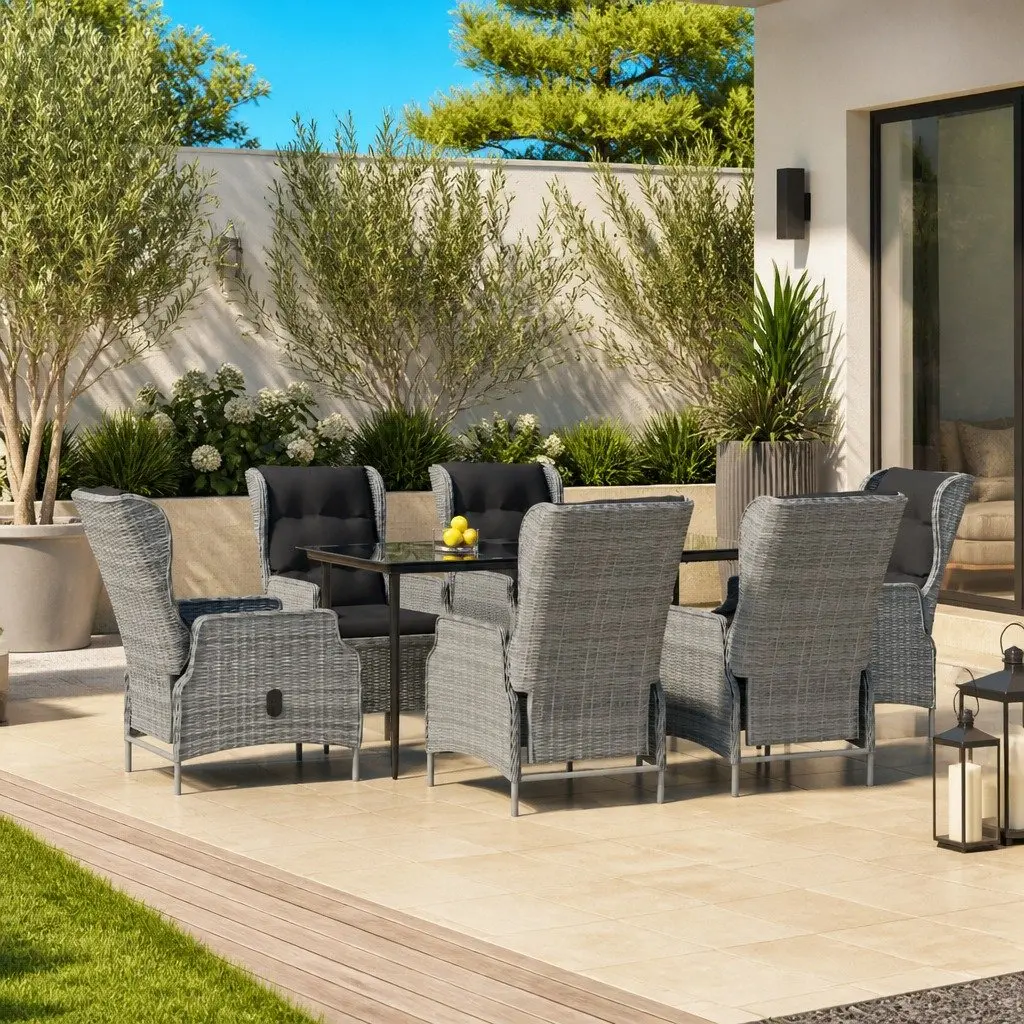 7 Piece Outdoor Grey Dining Set with Poly Rattan Table and Chairs for Patio Use
