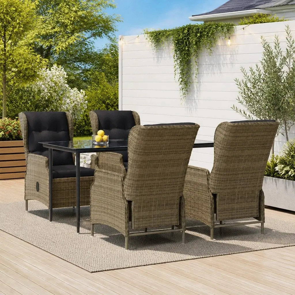 5 Piece Garden Dining Set Outdoor Patio Furniture Brown Rattan Table with Tempered Glass Top and Adjustable Chairs