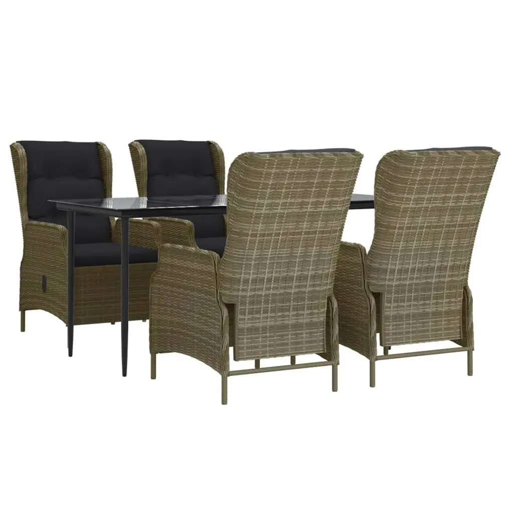 5 Piece Garden Dining Set Outdoor Patio Furniture Brown Rattan Table with Tempered Glass Top and Adjustable Chairs