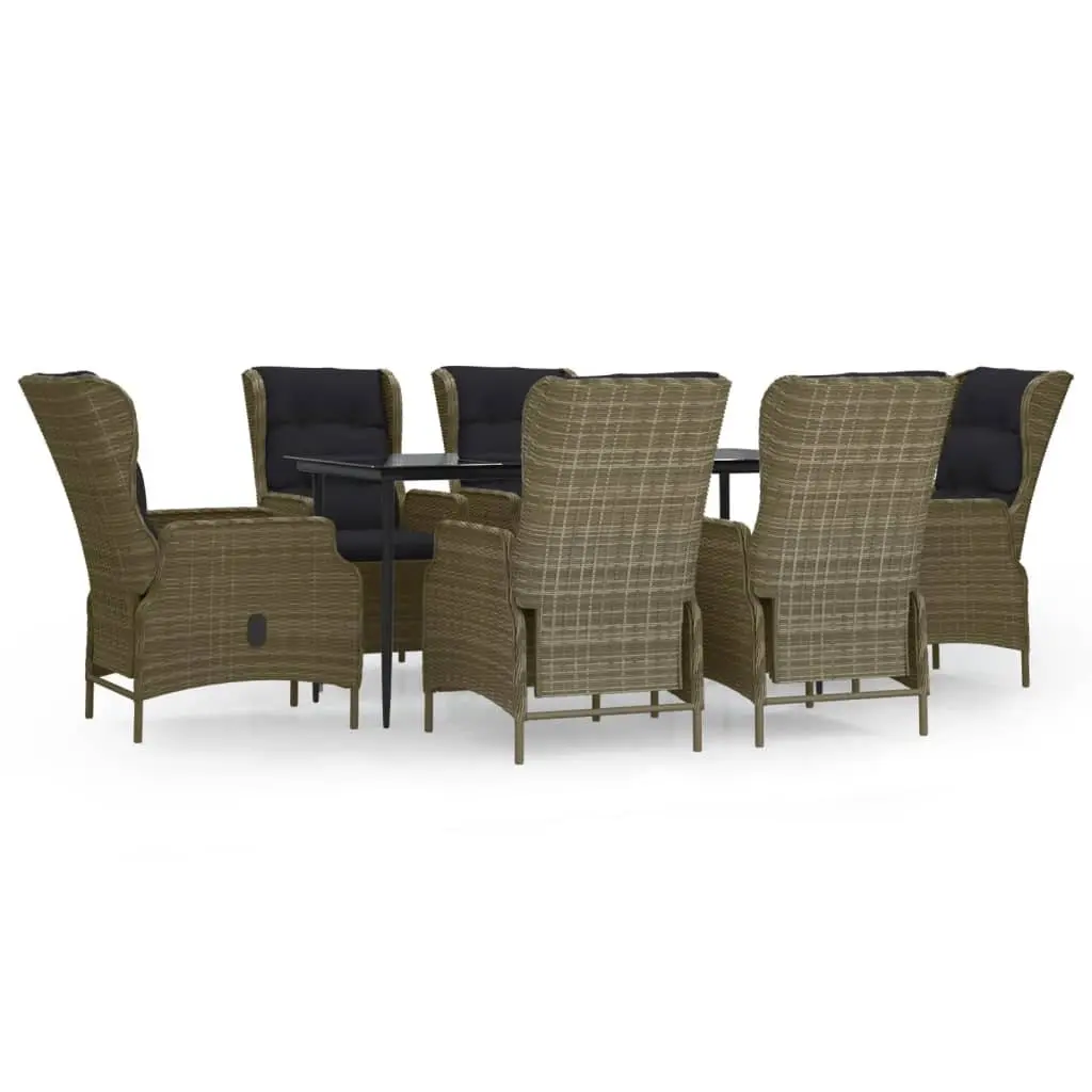 7 Piece Garden Dining Set Brown Poly Rattan Steel Frame with Tempered Glass Tabletop and Adjustable Backrest Chairs