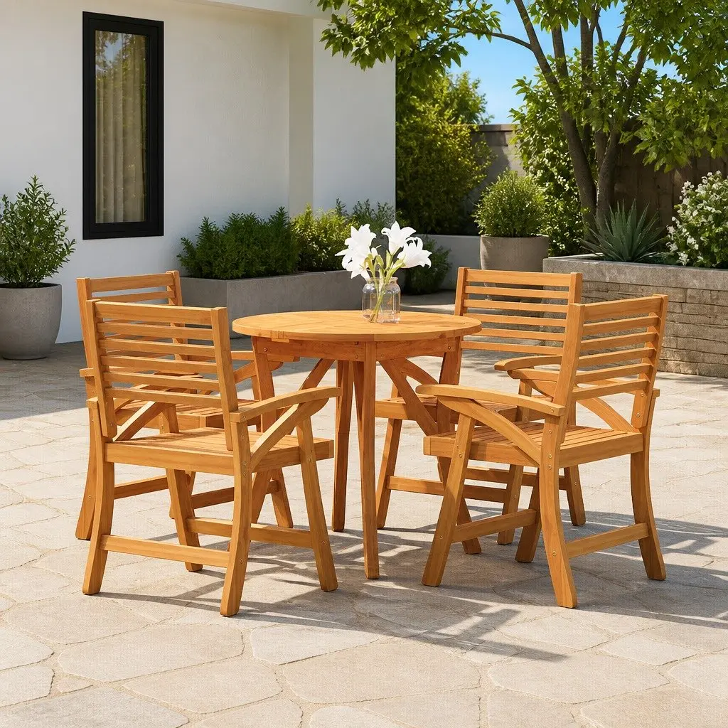 Outdoor Dining Set 5 Piece Solid Acacia Wood Brown Table with Curved Back Chairs