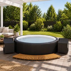 Hot Tub Surround with Storage Black PE Rattan Acacia Wood Spa Enclosure