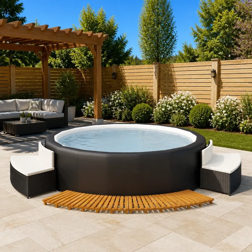 Hot Tub Surround with Spa Benches Rattan Wood Outdoor Spa Accessories Black