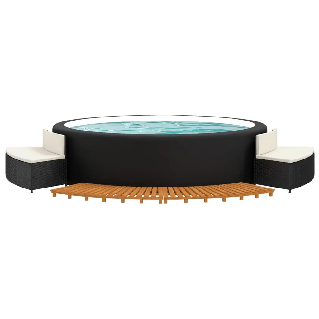 Hot Tub Surround PE Rattan Solid Acacia Wood Black with 2 Spa Benches and Cushions
