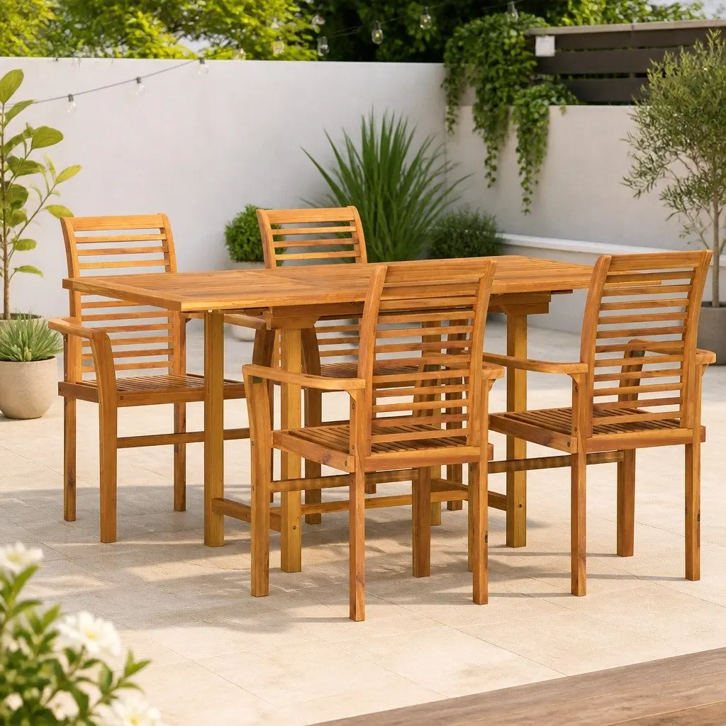 Garden Dining Set 5 Piece Outdoor Furniture Teak Wood Brown Modern Patio Table