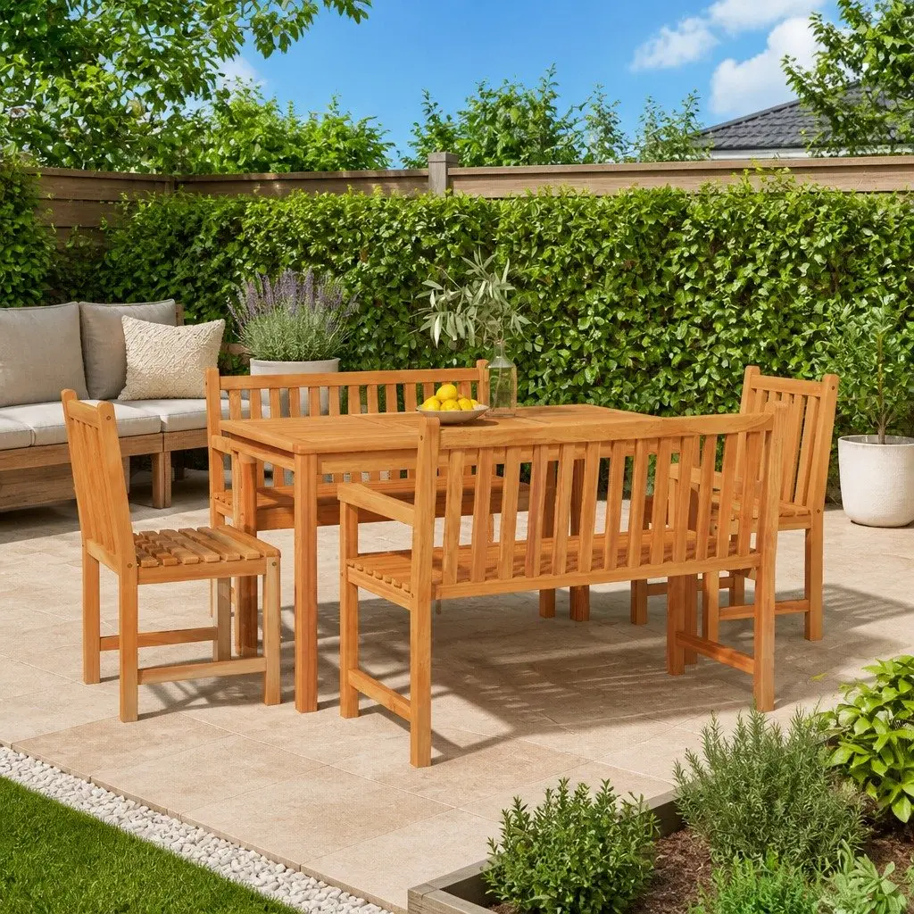 Outdoor Dining Set Solid Teak Wood 5 Piece Brown Table Chairs Benches