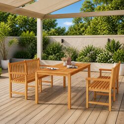 3 Piece Garden Dining Set Solid Teak Wood Outdoor Furniture Brown Table Benches