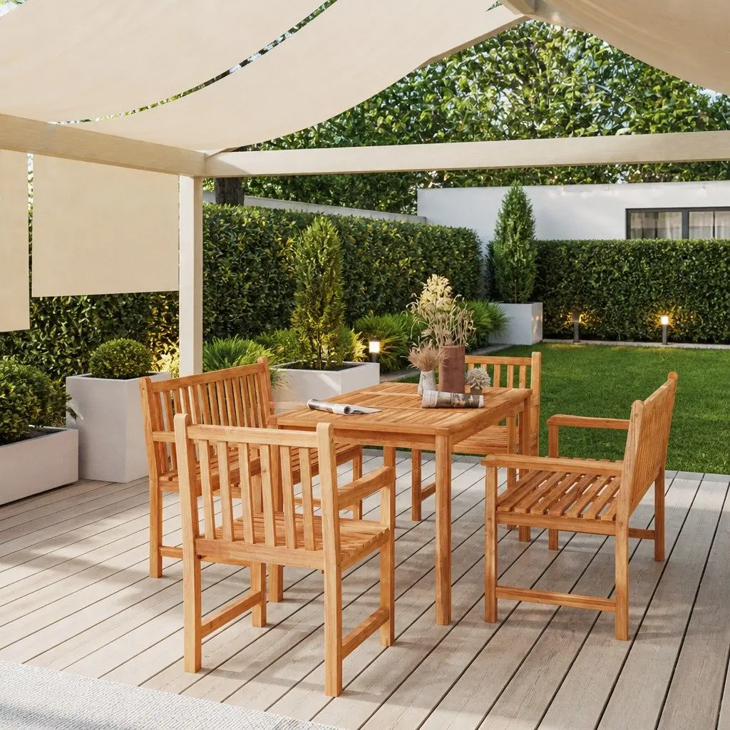 Outdoor Furniture Set 5 Piece Teak Wood Dining Table Chairs Bench Brown
