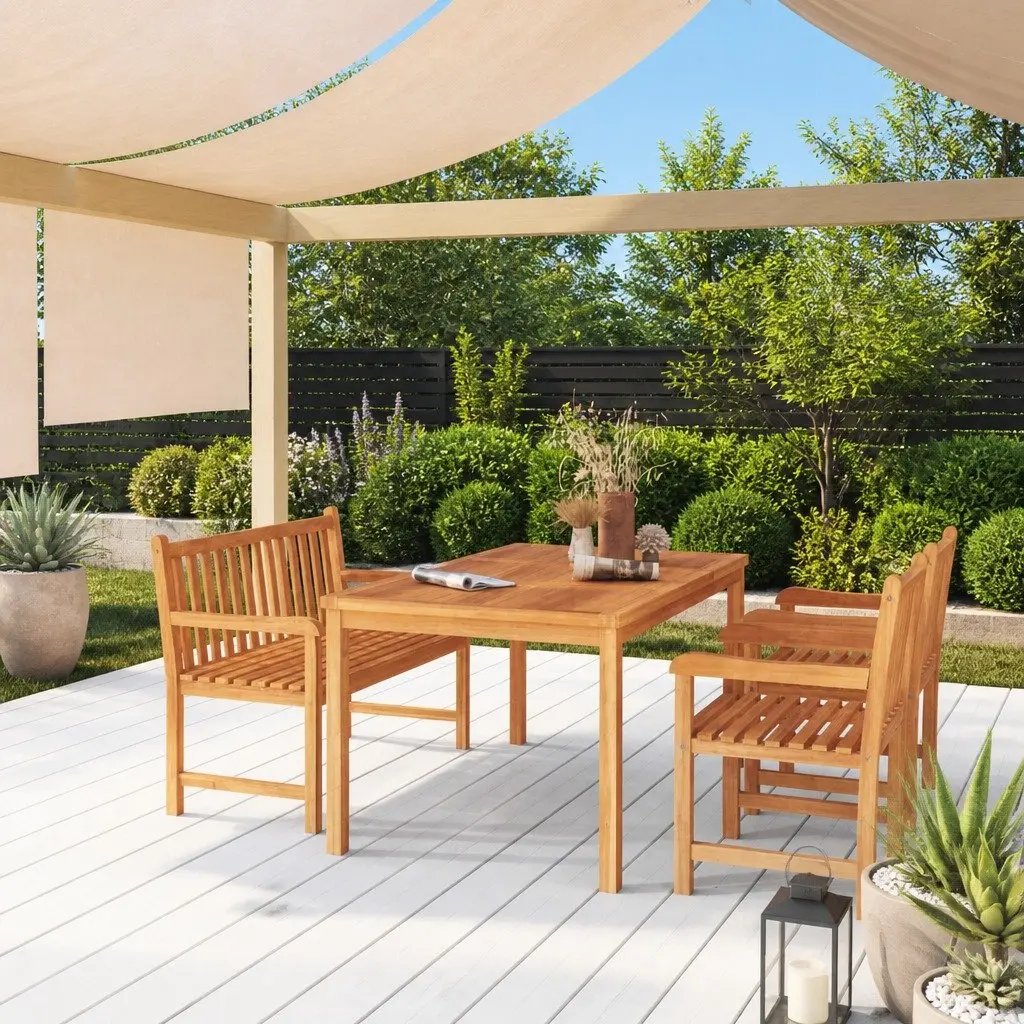 4 Piece Garden Dining Set Solid Teak Wood Brown Table Bench Chairs Outdoor Furniture