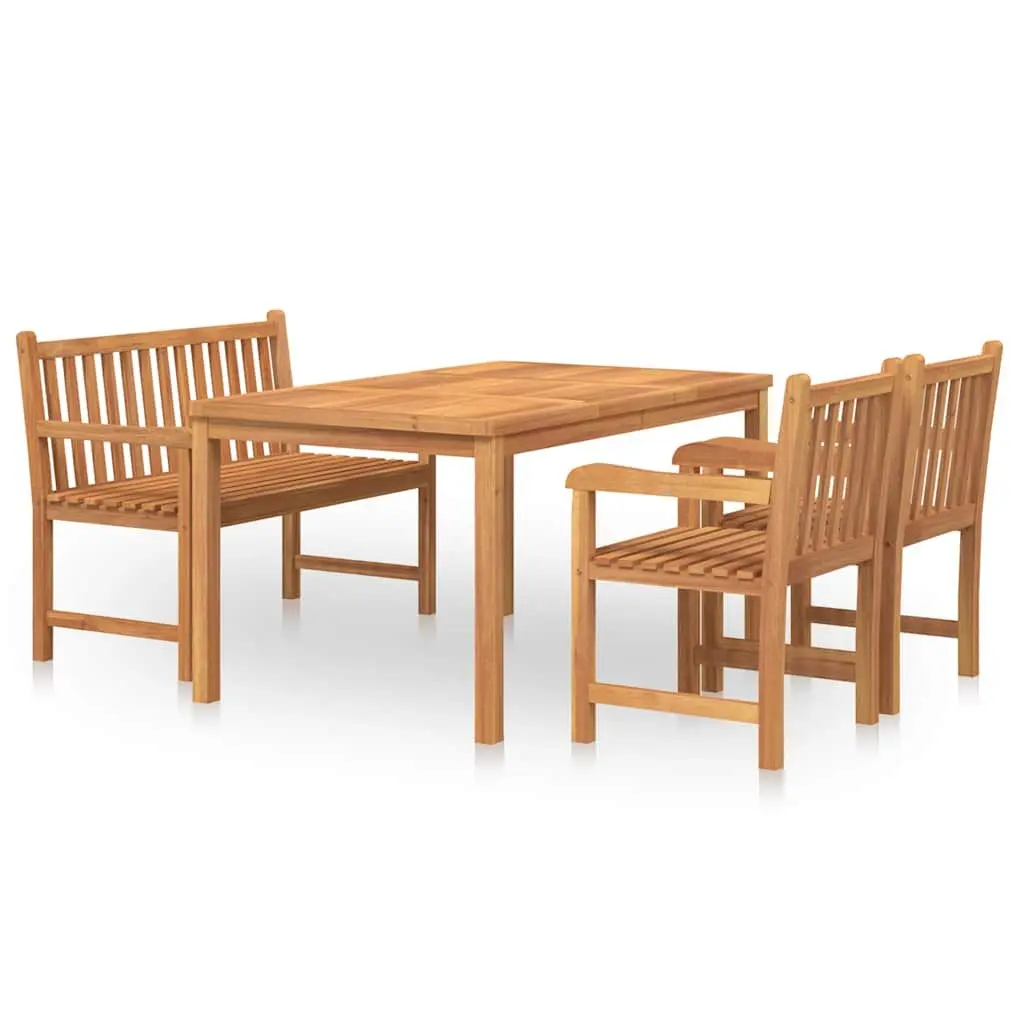 4 Piece Garden Dining Set Solid Teak Wood Brown Table Bench Chairs Outdoor Furniture