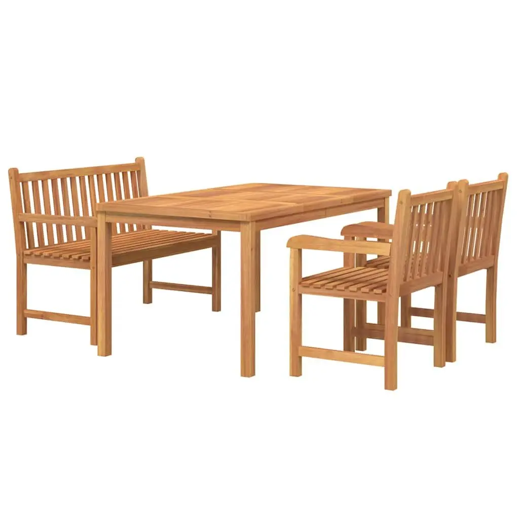 4 Piece Garden Dining Set Solid Teak Wood Brown Table Bench Chairs Outdoor Furniture