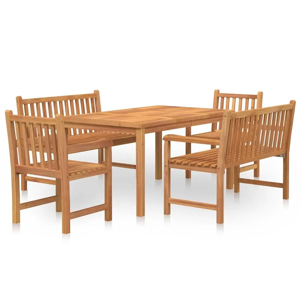 5 Piece Outdoor Dining Set Teak Wood Brown Contemporary Furniture Table Chairs Benches