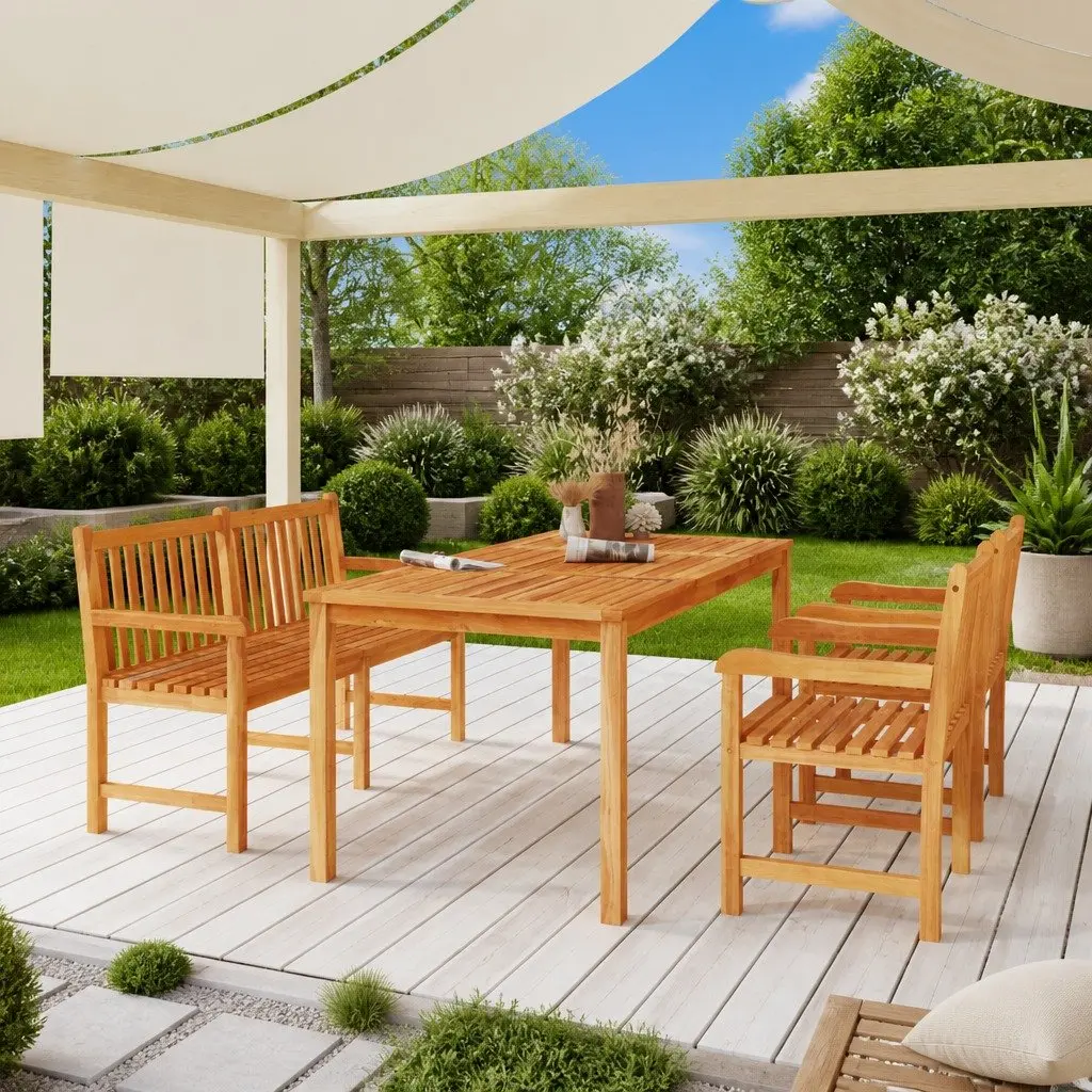 Garden Dining Set Solid Teak Wood 4 Piece Outdoor Furniture Table Bench Chairs Brown