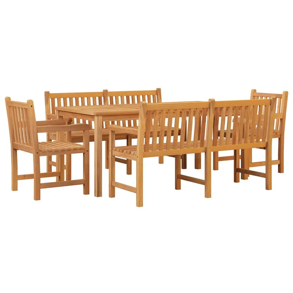 Garden Dining Set Teak Wood 5 Piece Outdoor Furniture Table Chairs Benches Brown