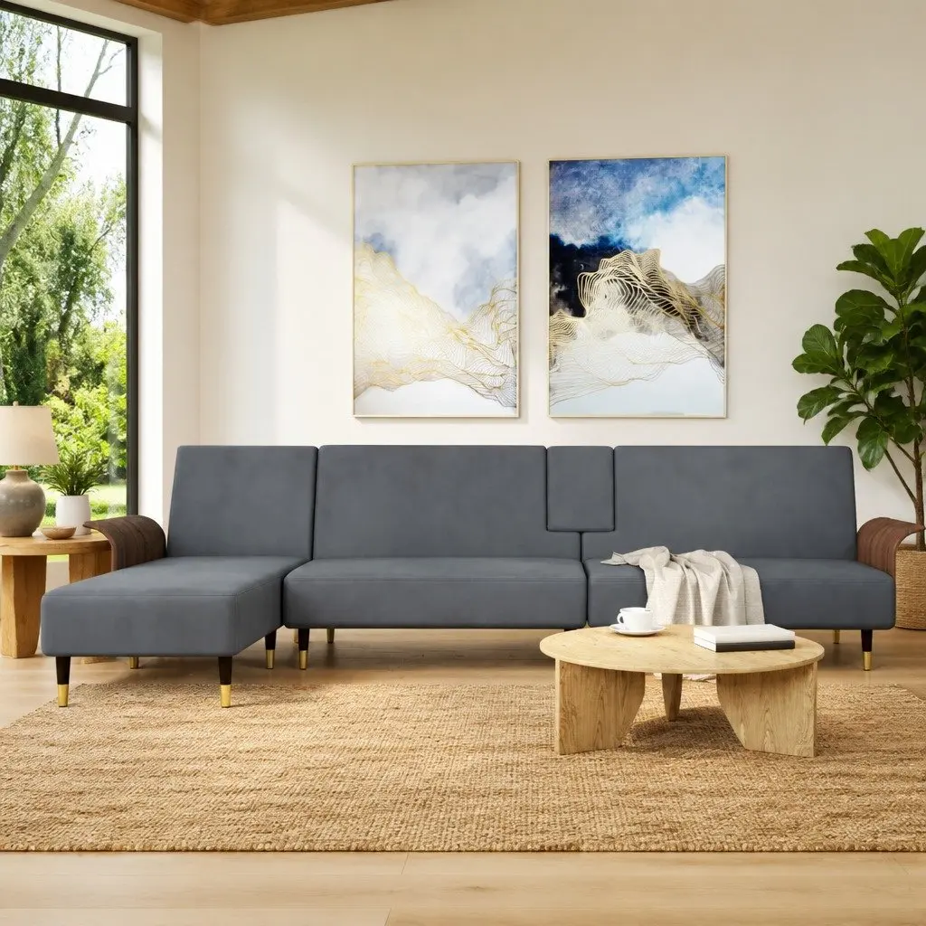 L-Shaped Sofa Bed Velvet Dark Grey Convertible Sleeper Couch with Chaise Lounge and Foldable Tea Table