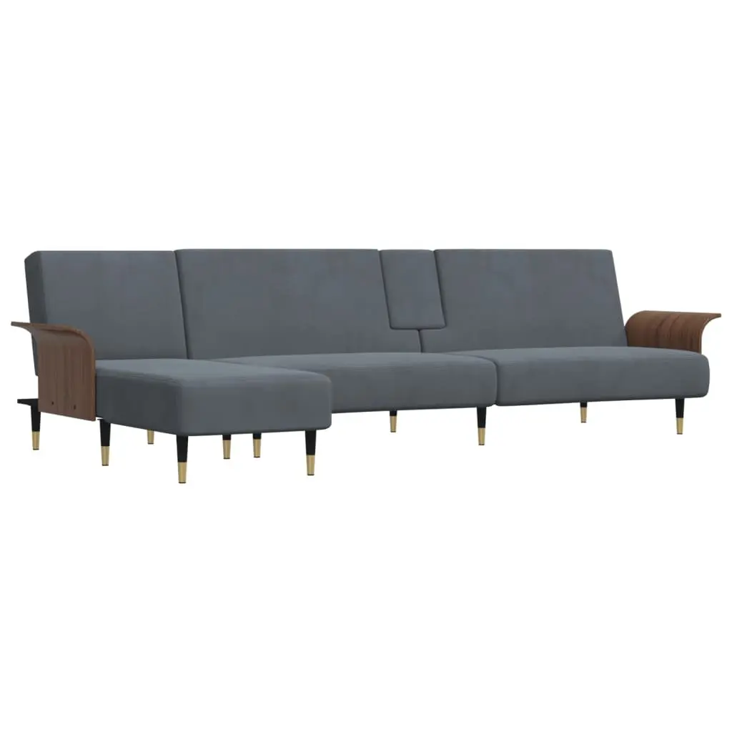 L-Shaped Sofa Bed Velvet Dark Grey Convertible Sleeper Couch with Chaise Lounge and Foldable Tea Table