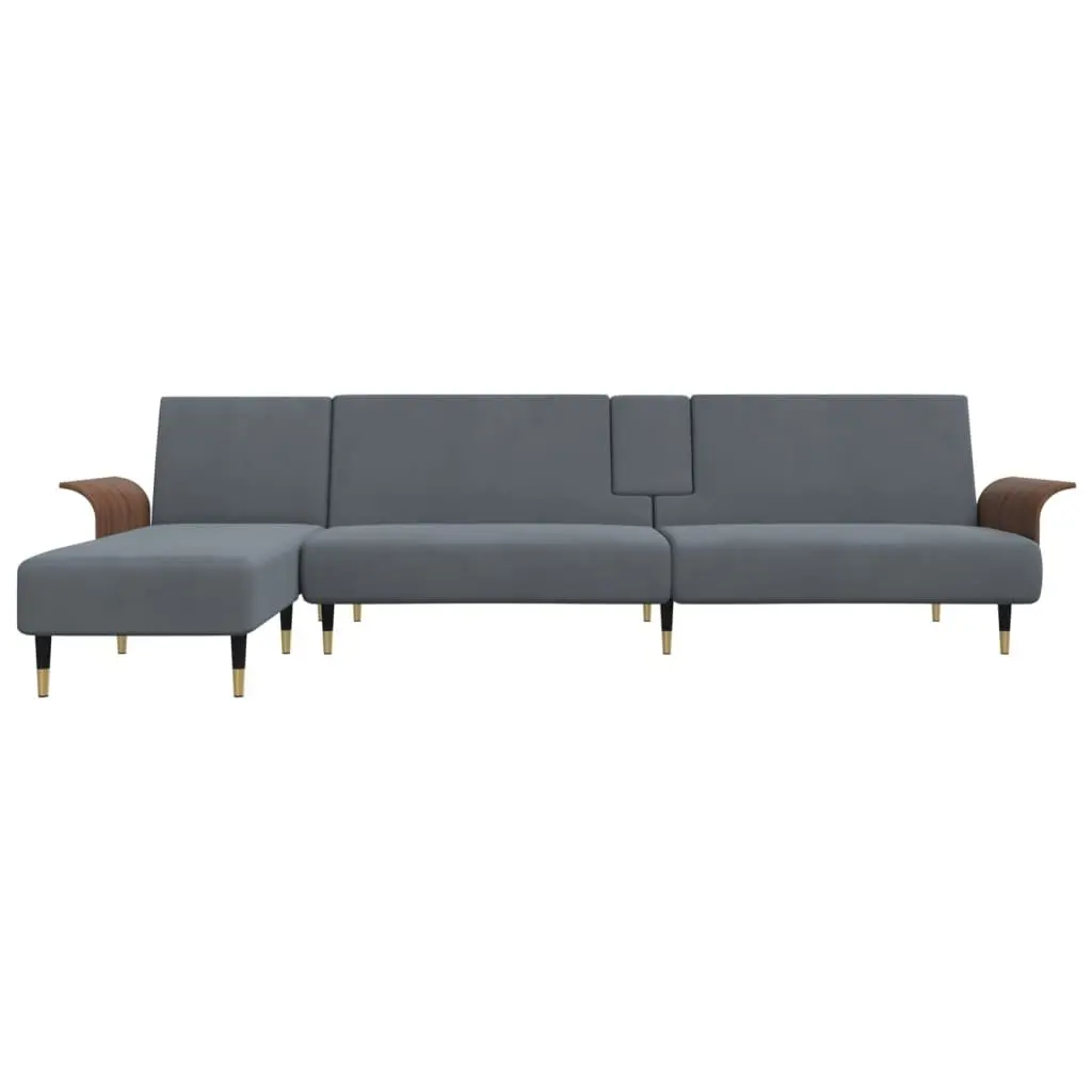 L-Shaped Sofa Bed Velvet Dark Grey Convertible Sleeper Couch with Chaise Lounge and Foldable Tea Table