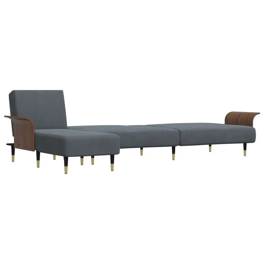L-Shaped Sofa Bed Velvet Dark Grey Convertible Sleeper Couch with Chaise Lounge and Foldable Tea Table