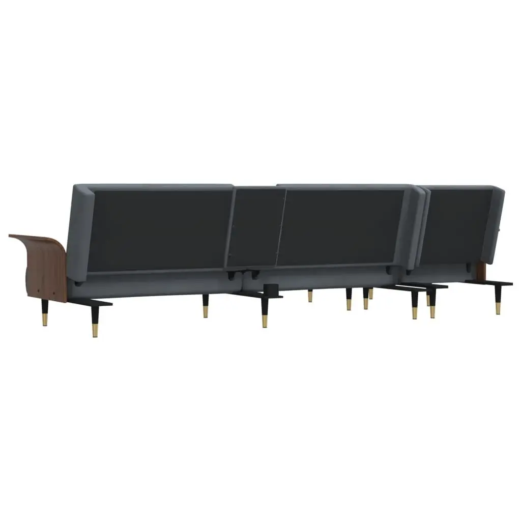 L-Shaped Sofa Bed Velvet Dark Grey Convertible Sleeper Couch with Chaise Lounge and Foldable Tea Table