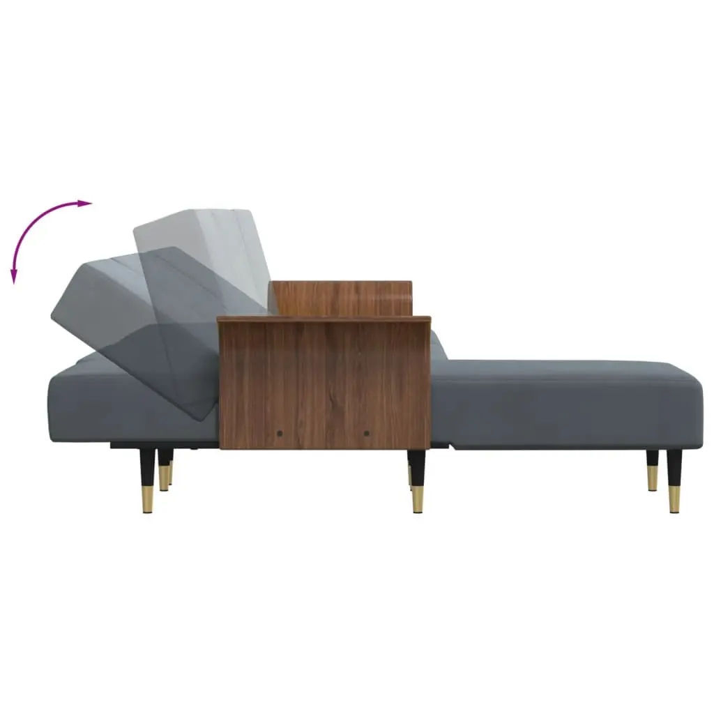 L-Shaped Sofa Bed Velvet Dark Grey Convertible Sleeper Couch with Chaise Lounge and Foldable Tea Table