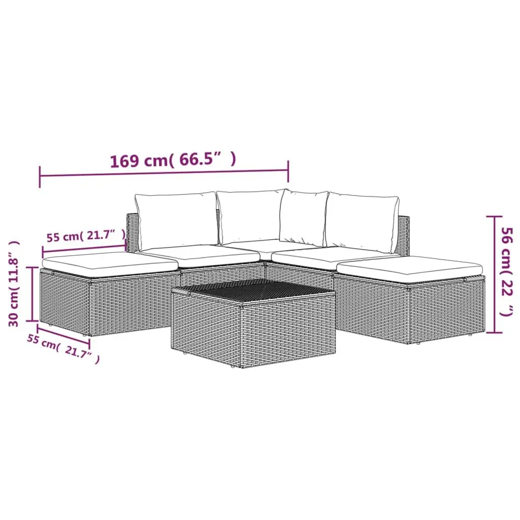 Garden Lounge Set 6 Piece Poly Rattan Steel Frame Grey Outdoor Furniture with Cushions